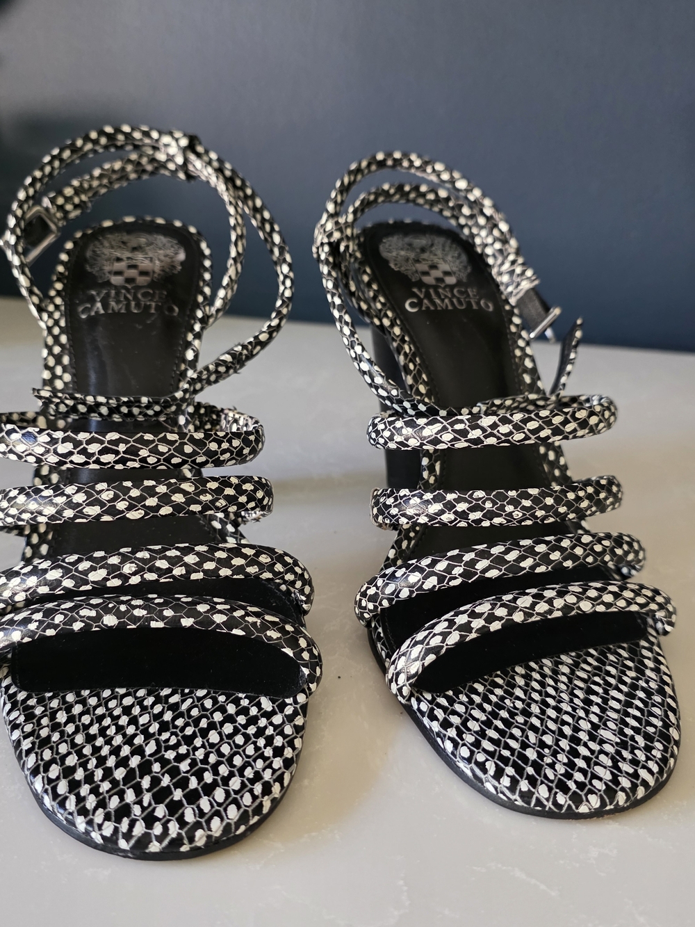 Vince Camuto Black and White Patterned Strappy Heels